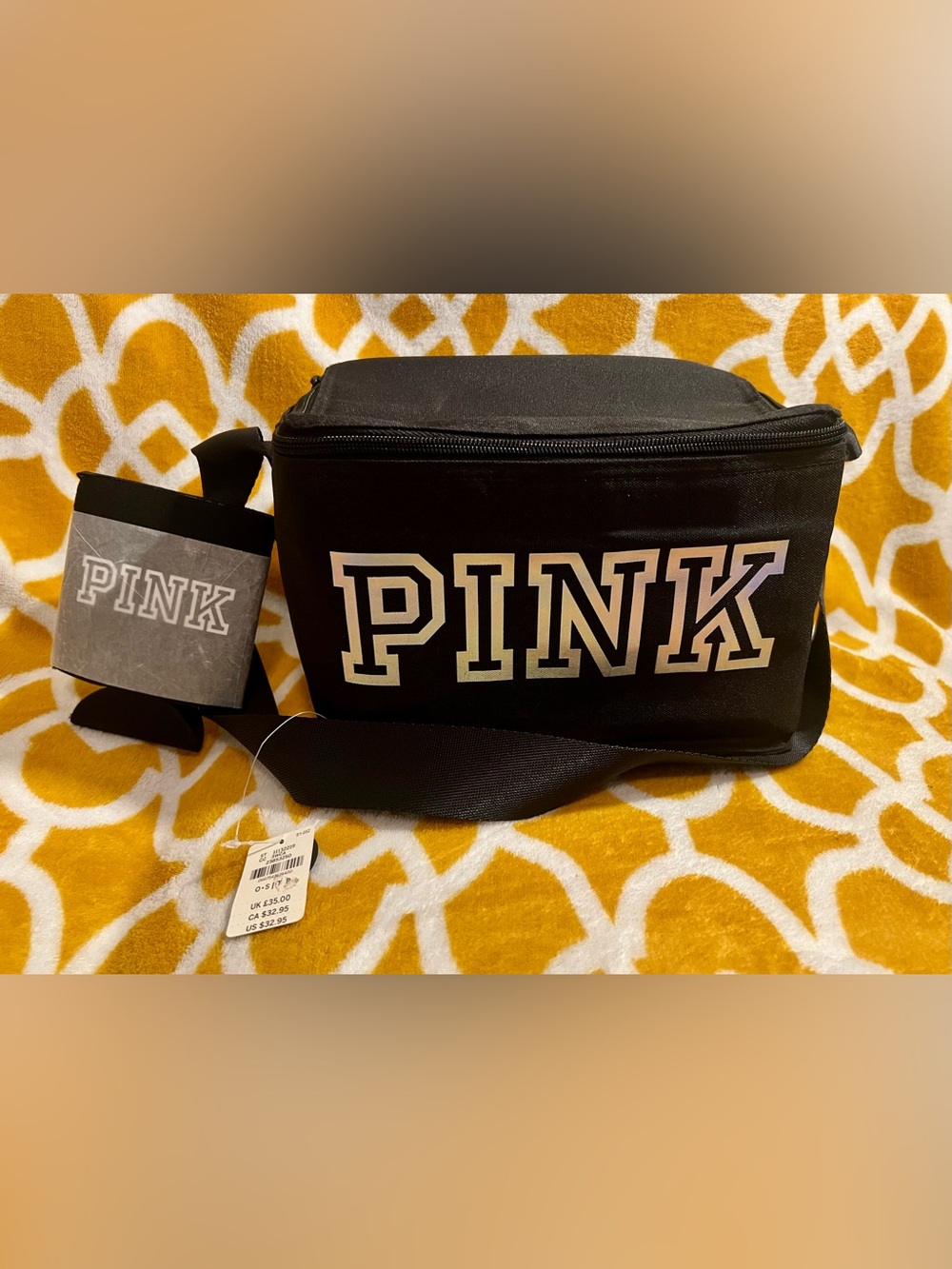 PINK Black Polyester Zip Lunch Bag with Adjustable Strap 8 x 3 in & Koosie